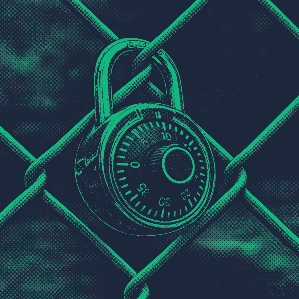 An illustration of a combination padlock secured to a chain-link fence. The image uses a high-contrast, two-tone teal and dark navy color palette with a textured, halftone dot effect that gives it a gritty, vintage screen-printed look. The dial on the padlock features visible numbers such as 0, 5, 10, 25, 30, and 35.