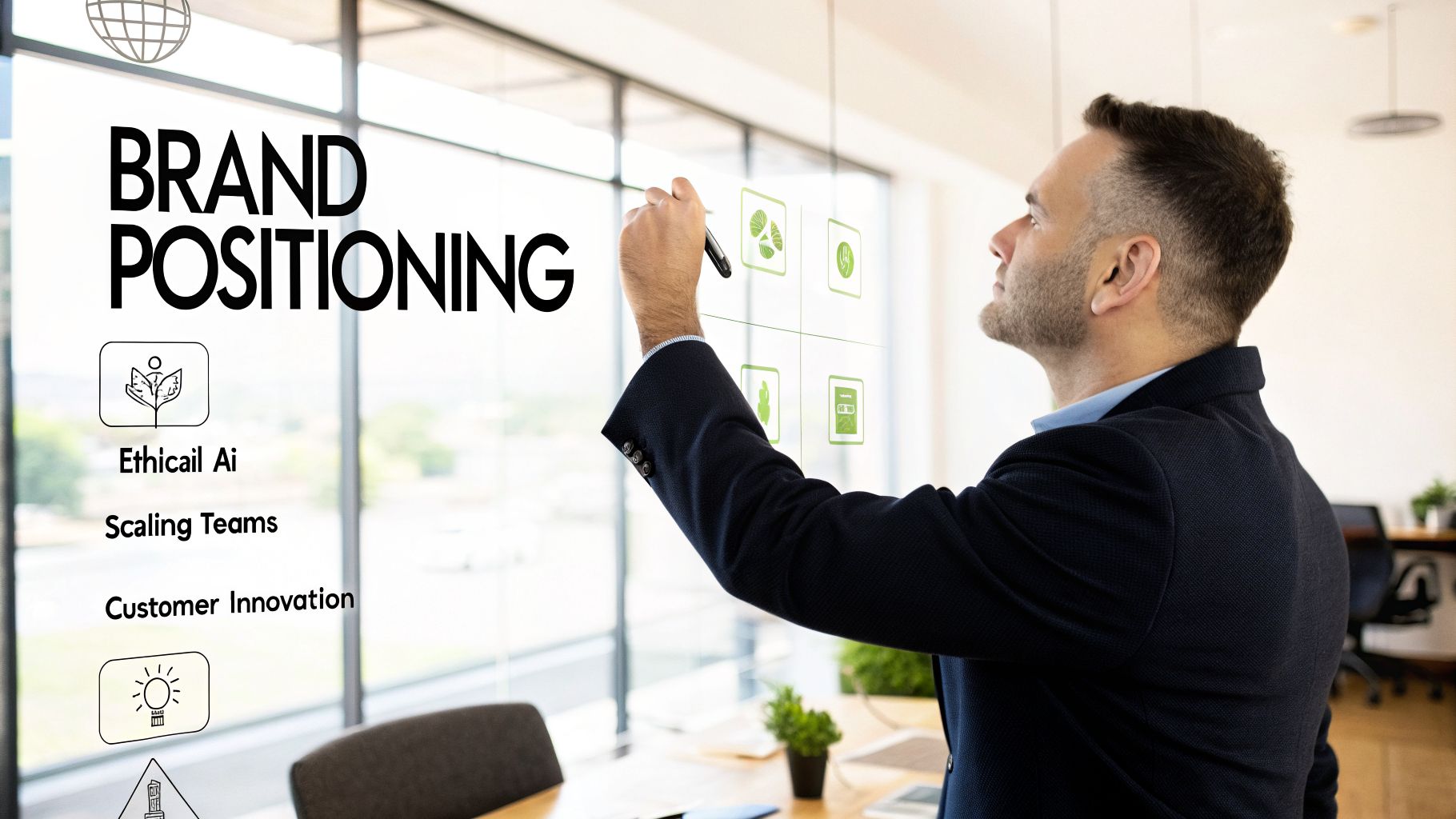 A man uses a stylus on a transparent screen showing 'BRAND POSITIONING' and strategic business ideas.