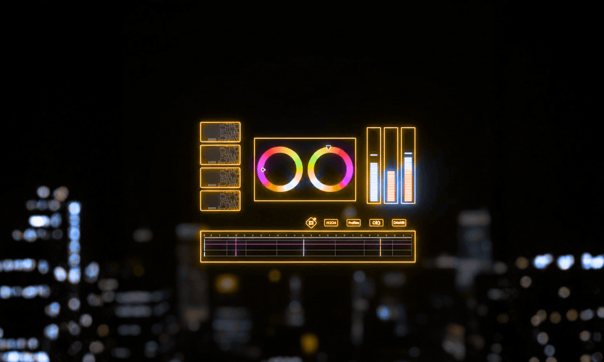 Digital graphic of video editing interface elements, color grading wheels, audio levels, codec options, and a timeline; representing technical video editing workflows.