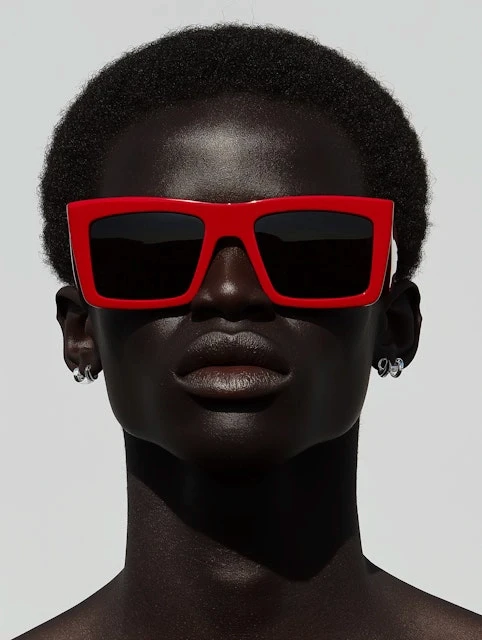Portrait of a young black man wearing brigt red thick frame sunglasses