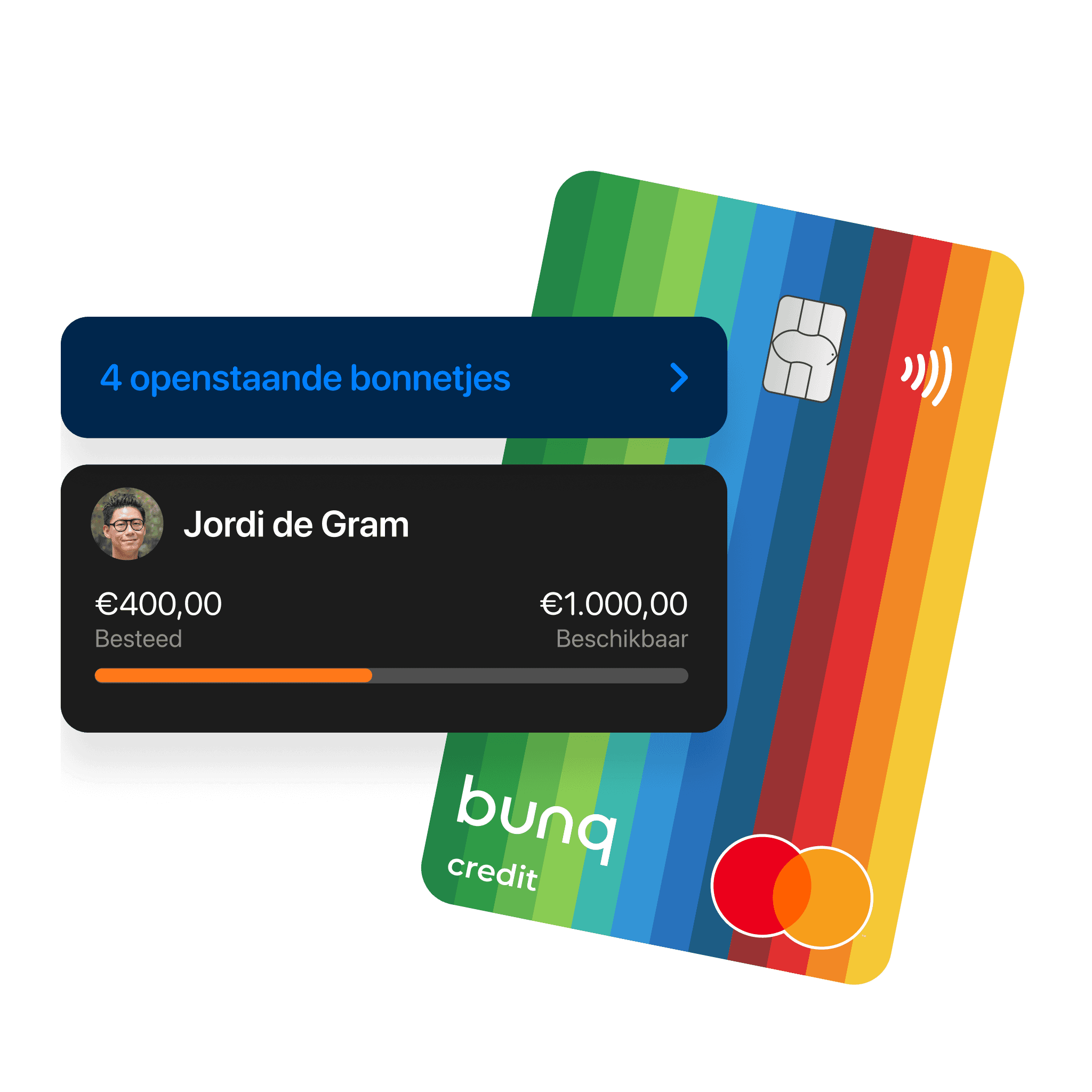 Twee kleurrijke creditcards worden weergegeven met een digitale interface die saldo- en transactiegegevens laat zien.