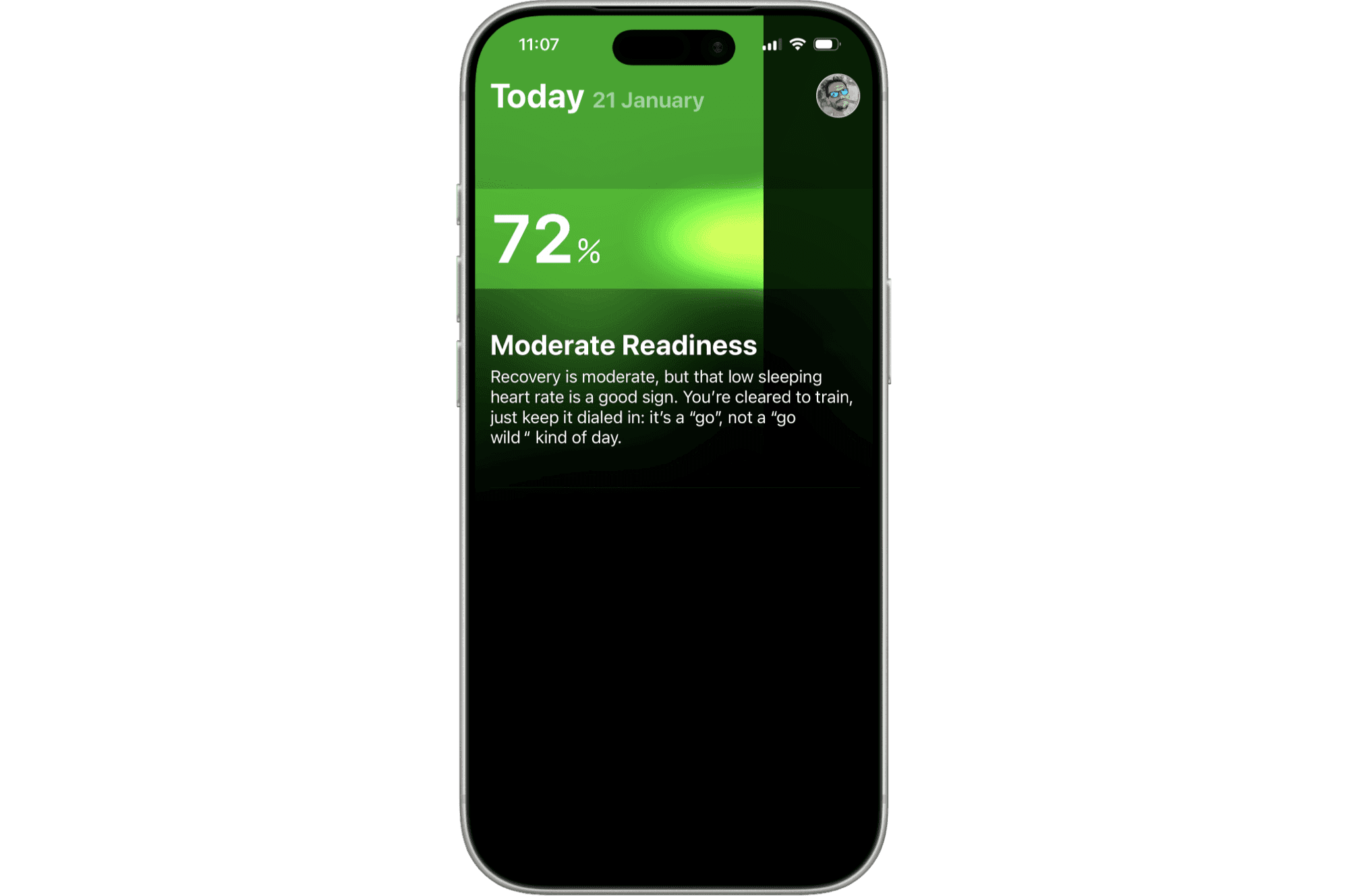 The Outsiders iPhone app Today screen showing Training Readiness at 72% (Moderate Readiness) with guidance text, Apple Watch complications displaying heart rate (46 bpm) and HRV (48 ms), body metrics showing wrist temperature (36.9°C), respiratory rate (12 br/m), and blood oxygen (96%), Training Load Ratio at 0.81 (optimal) with 7-day trend graph, recent workouts including 28.21km indoor cycle and 12.58km outdoor run, and sleep quality rated as Good with 7h 24m duration and sleep stages chart. Designed for cyclists, runners, and endurance athletes to assess daily training readiness based on training load, recovery metrics, and sleep quality.