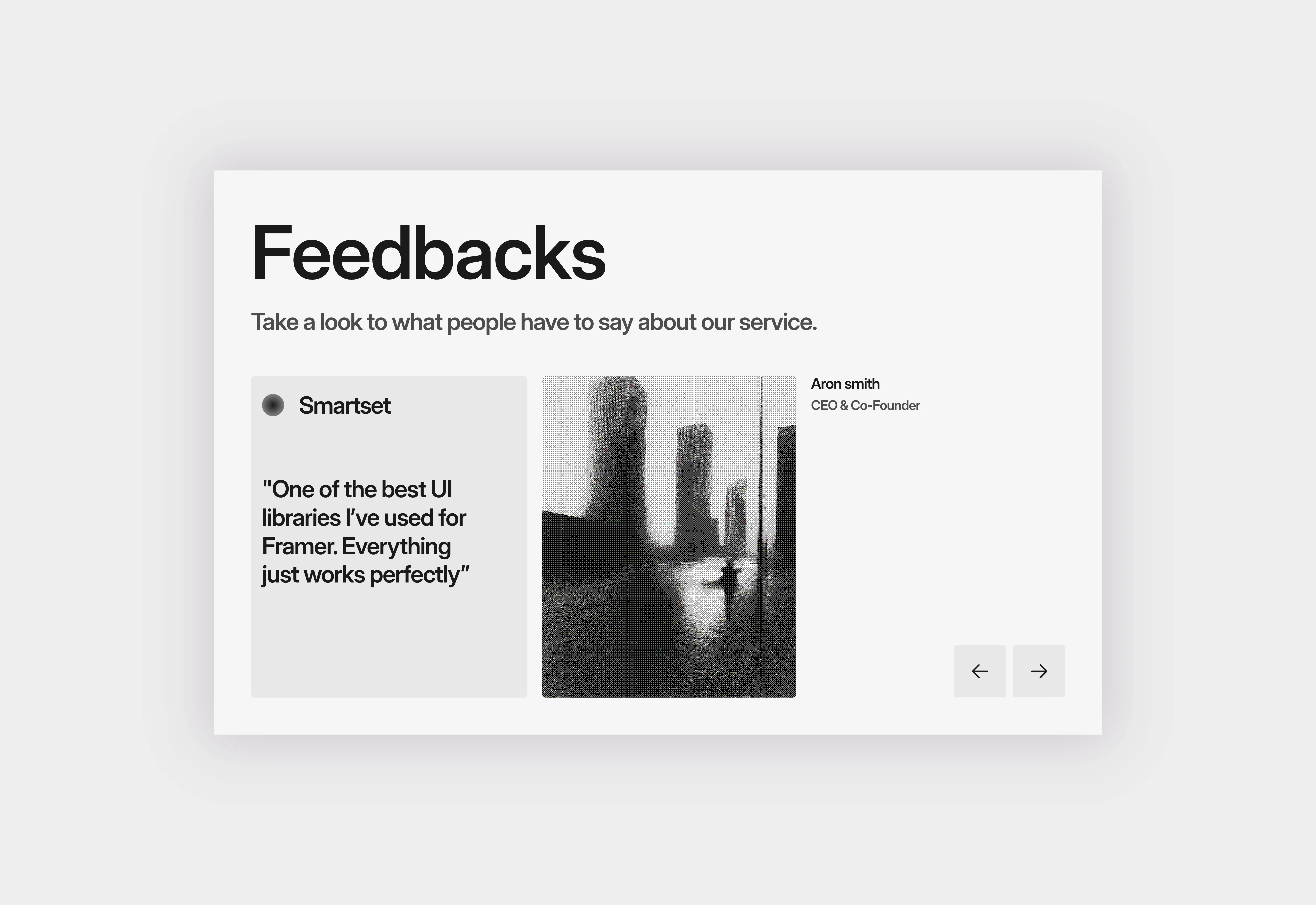 A light themed minimal style testimonials section with slider.