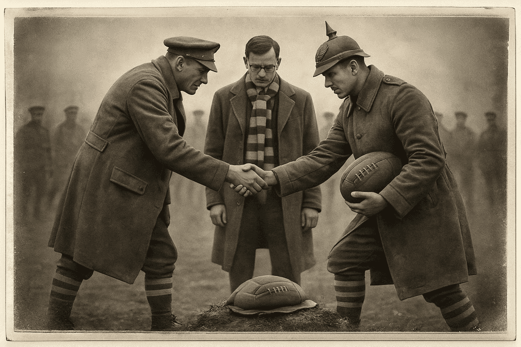 This image captures a moment of accord forged under weight. Two opposing figures meet not in surrender, but in recognition.