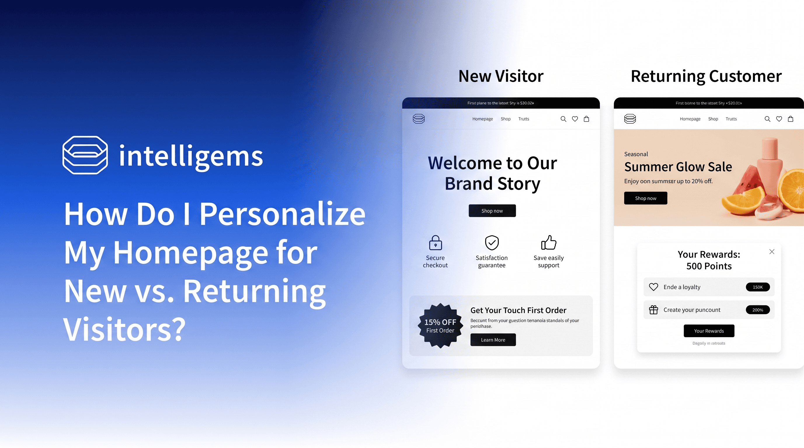 Two homepage versions side by side — one built for new visitors with a brand introduction and first-purchase offer, one for returning customers with a seasonal sale and loyalty rewards