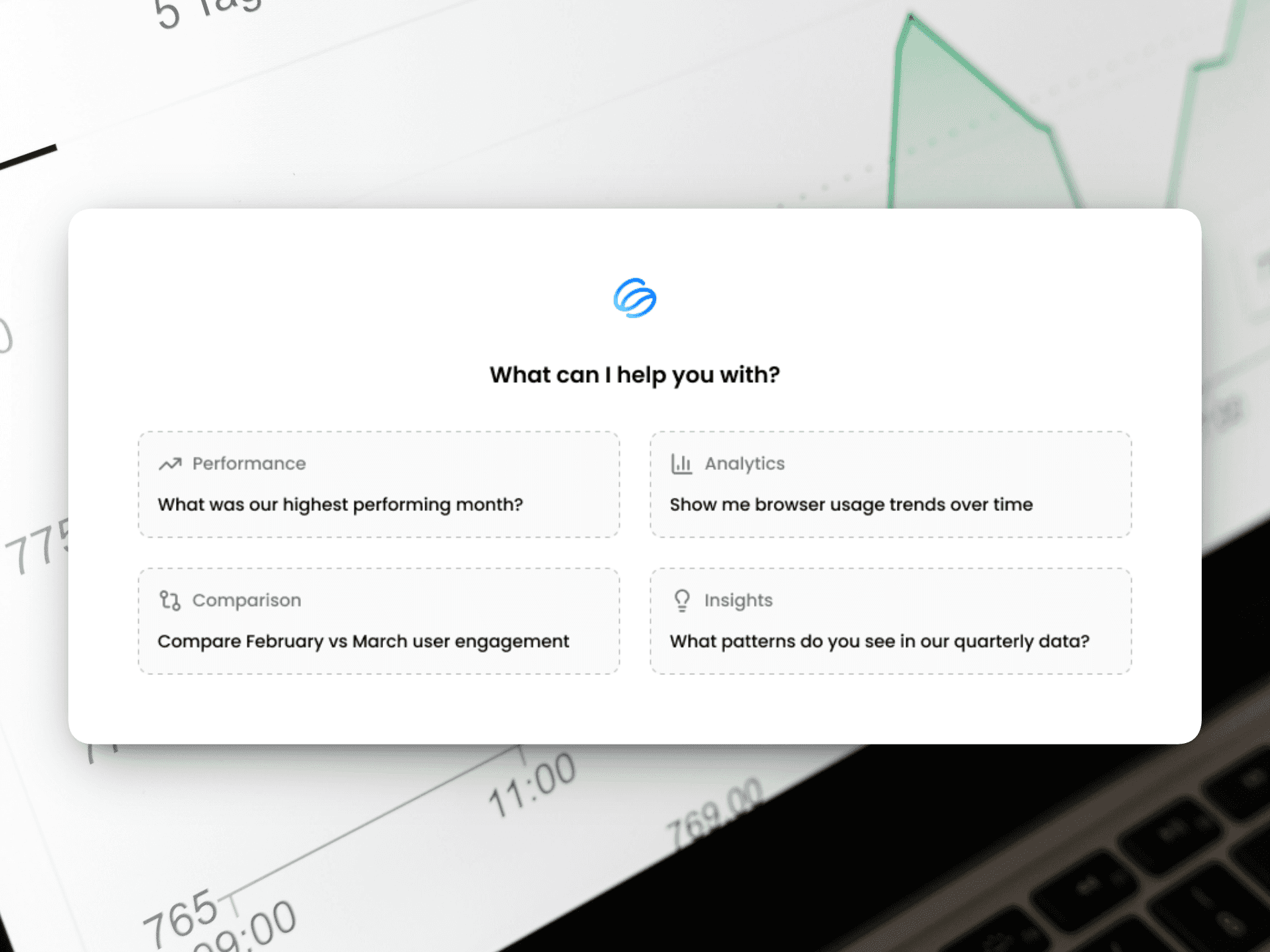 Statspresso AI chat prompt screen showing suggested query categories including performance, analytics, comparison, and insights.