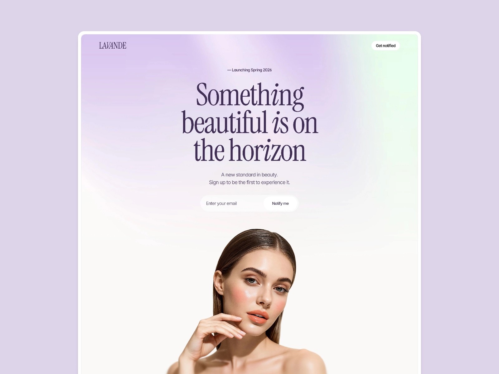 Webpage with gradient text: "Something beautiful is on the horizon."