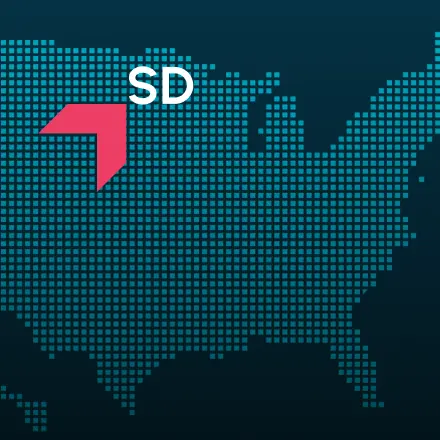 Map highlighting South Dakota with a red arrow, representing GIA Group, LLC truck insurance coverage area.