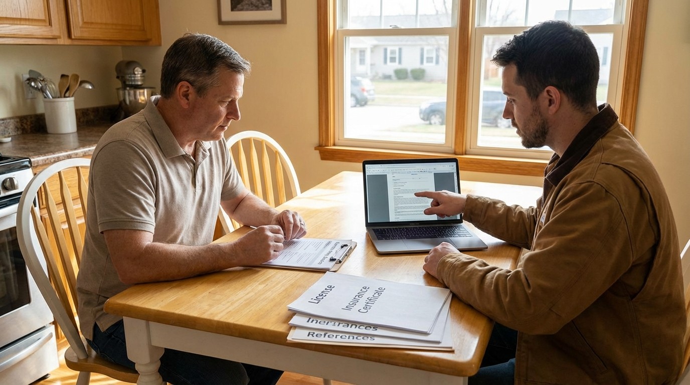 Homeowner checking roofing company credentials and license documents