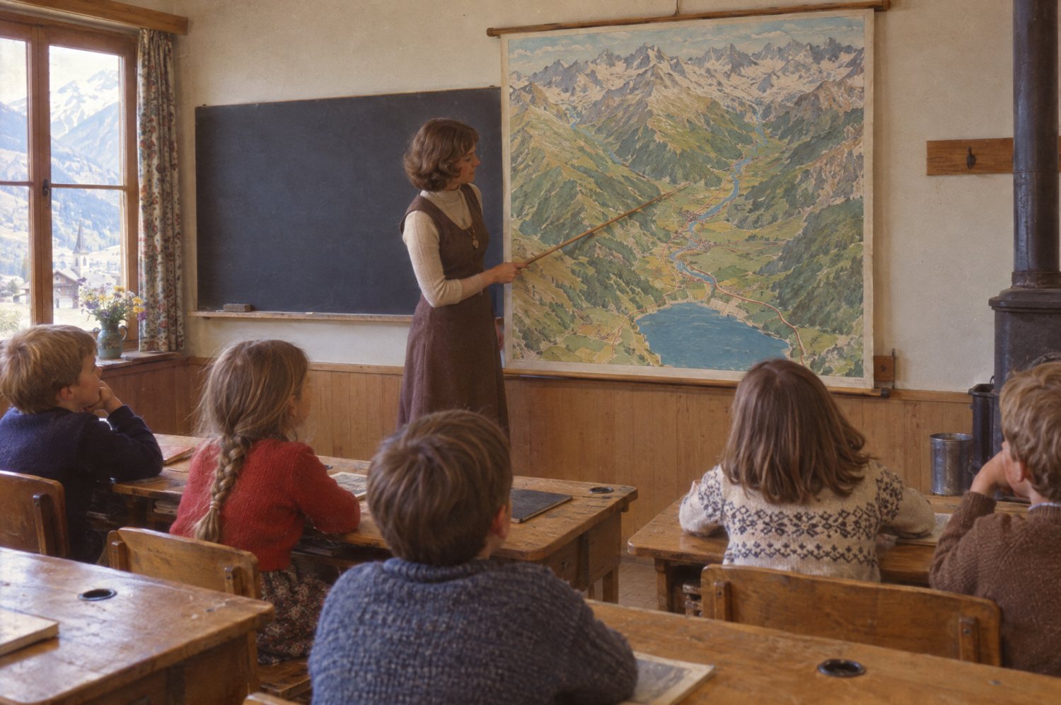 A teacher points at a wall map of a mountain valley with no names while children watch from their desks