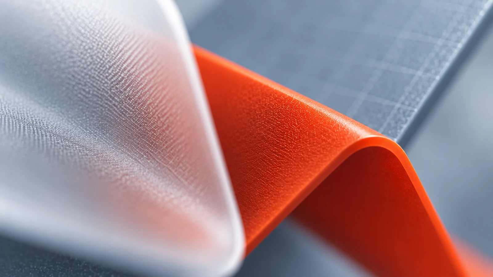 Frosted translucent panel and an orange folded strip over a grey gridded sheet