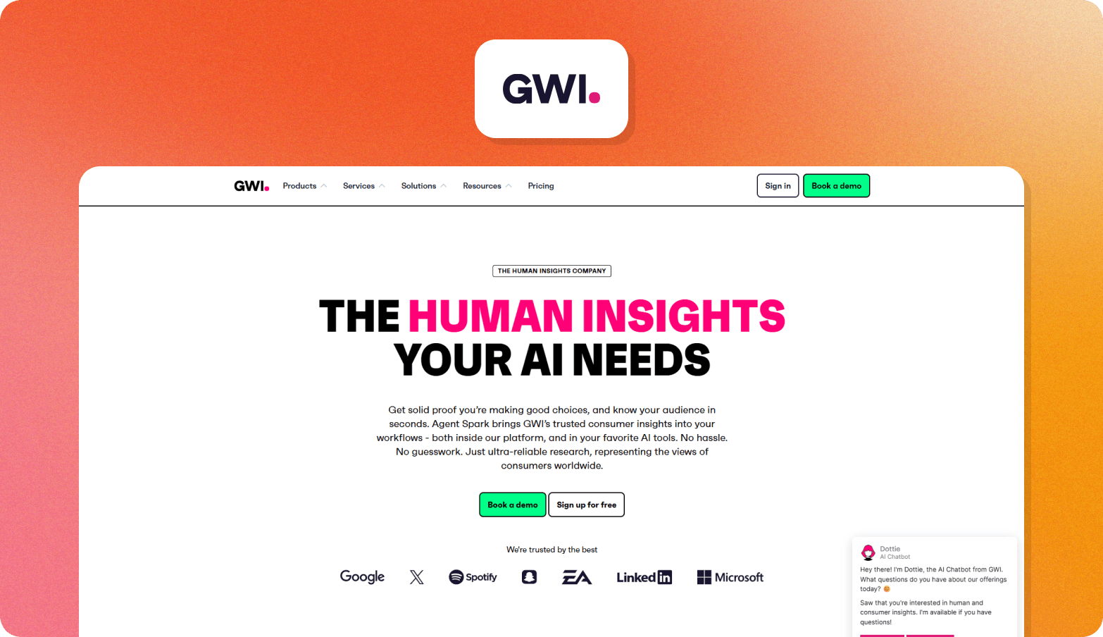 Screenshot of the GWI homepage, badged as "The Human Insights Company," with the bold headline "THE HUMAN INSIGHTS YOUR AI NEEDS." The page describes GWI's Agent Spark as bringing trusted consumer insights into workflows both inside the platform and in favourite AI tools, representing the views of consumers worldwide. Client logos include Google, X, Spotify, Snapchat, EA, LinkedIn, and Microsoft under a "We're trusted by the best" label. An AI chatbot named Dottie is visible in the bottom right corner. The GWI logo — bold black wordmark with a pink full stop — appears above the browser screenshot on an orange gradient background.