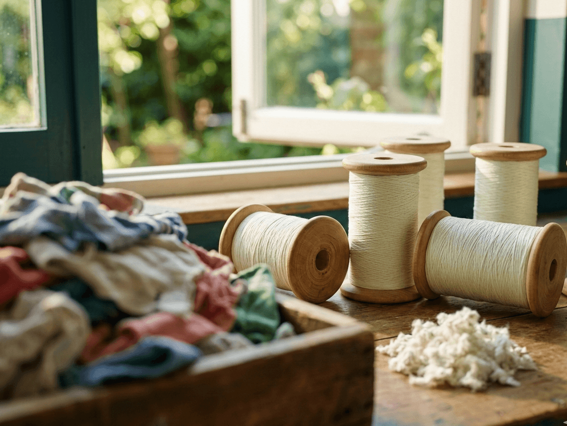 An inspiring photograph representing the future of circular textiles, showing raw cotton waste evolving into fine recycled thread wrapped around wooden spools, no text, no logos, no icons