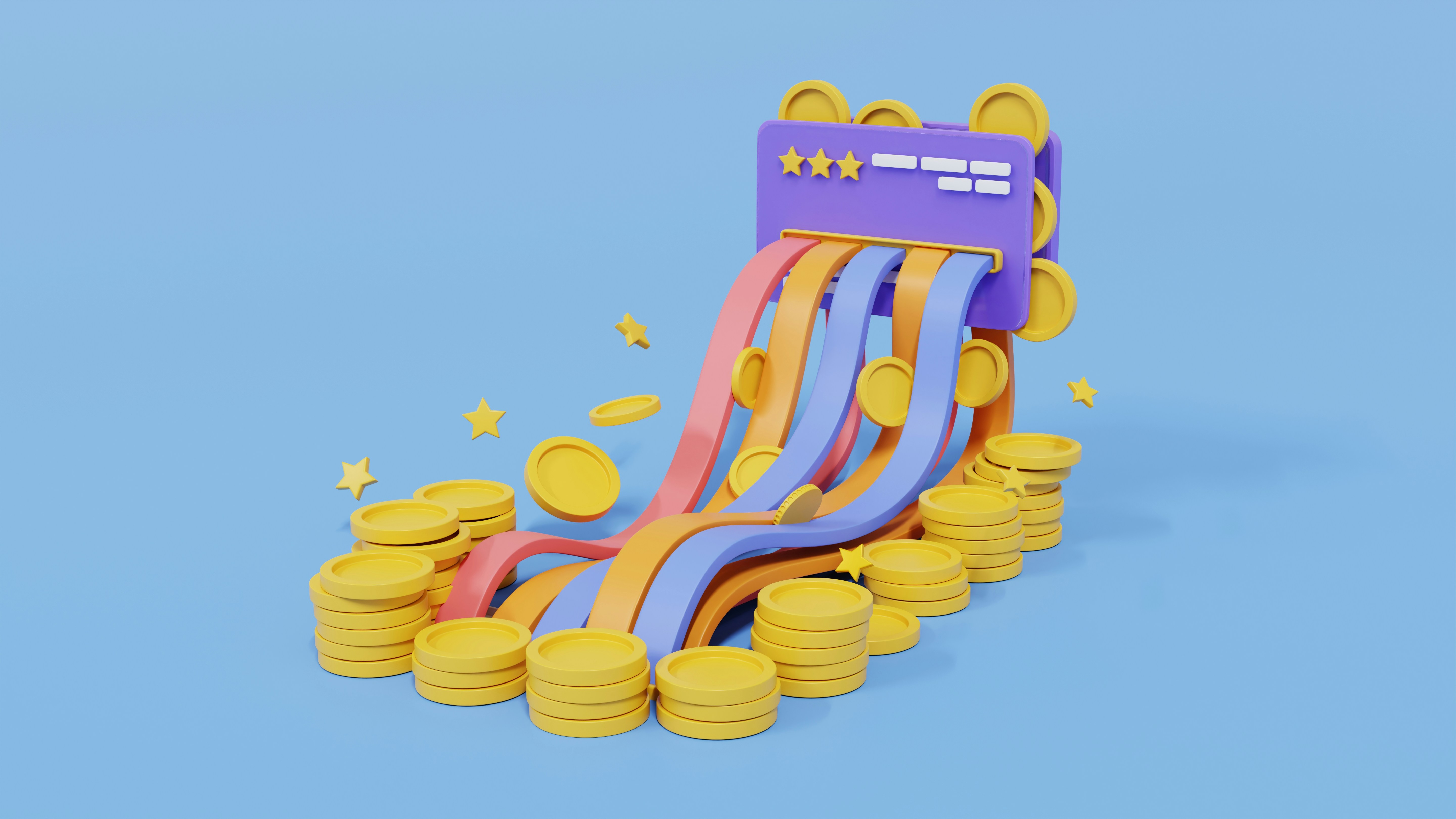 A floating credit card with ribbons sliding out representing different payoff strategies.