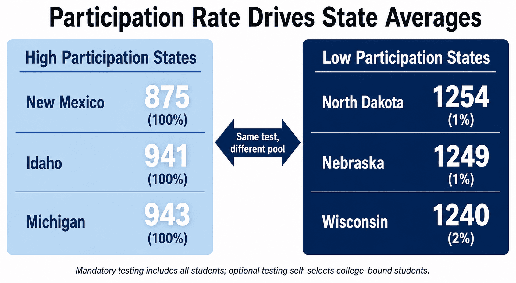SAT participation rate versus average score by state 2025. High mandatory testing states score lower than self-selected low participation states.