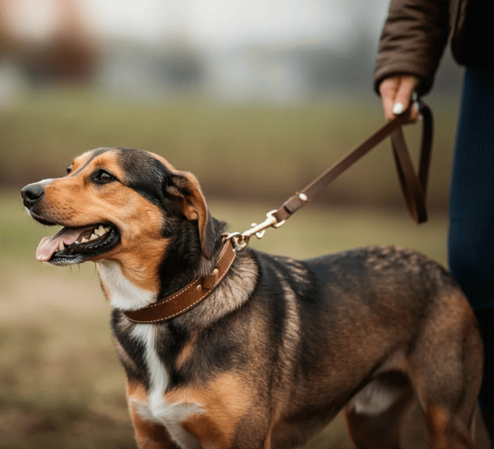 In the foreground is a happy, relaxed dog (on lead) being walked. Only the owner's hand is visible, holding the lead (out of focus).