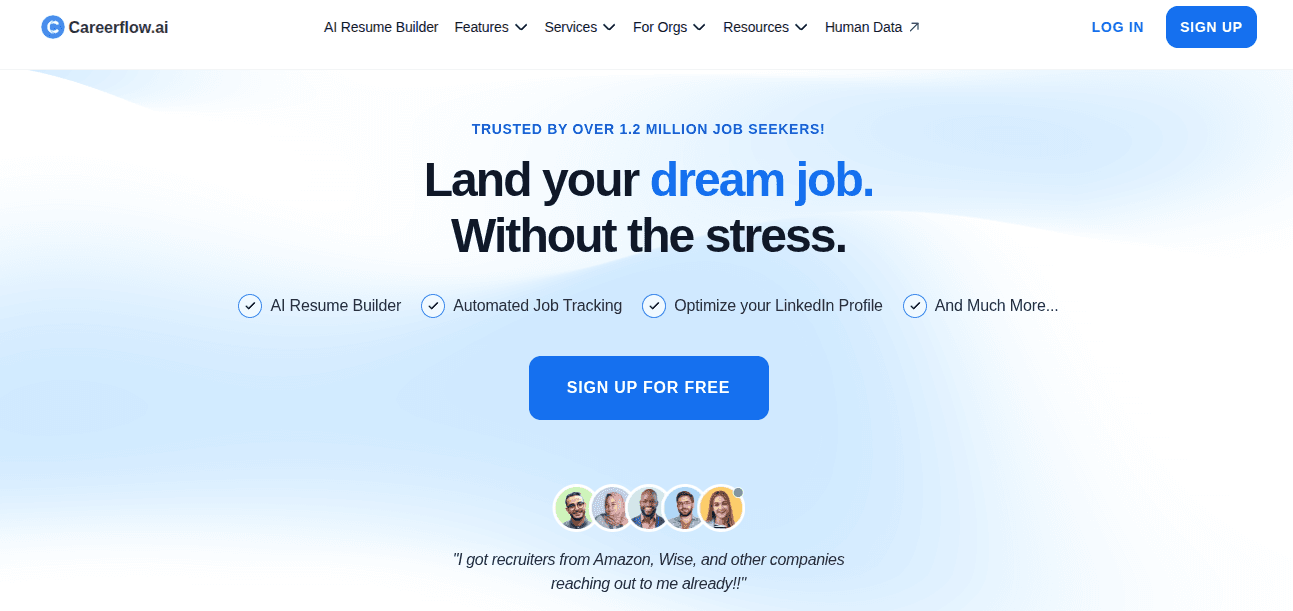 Careerflow.ai homepage showing AI resume builder, automated job tracking and LinkedIn profile optimization