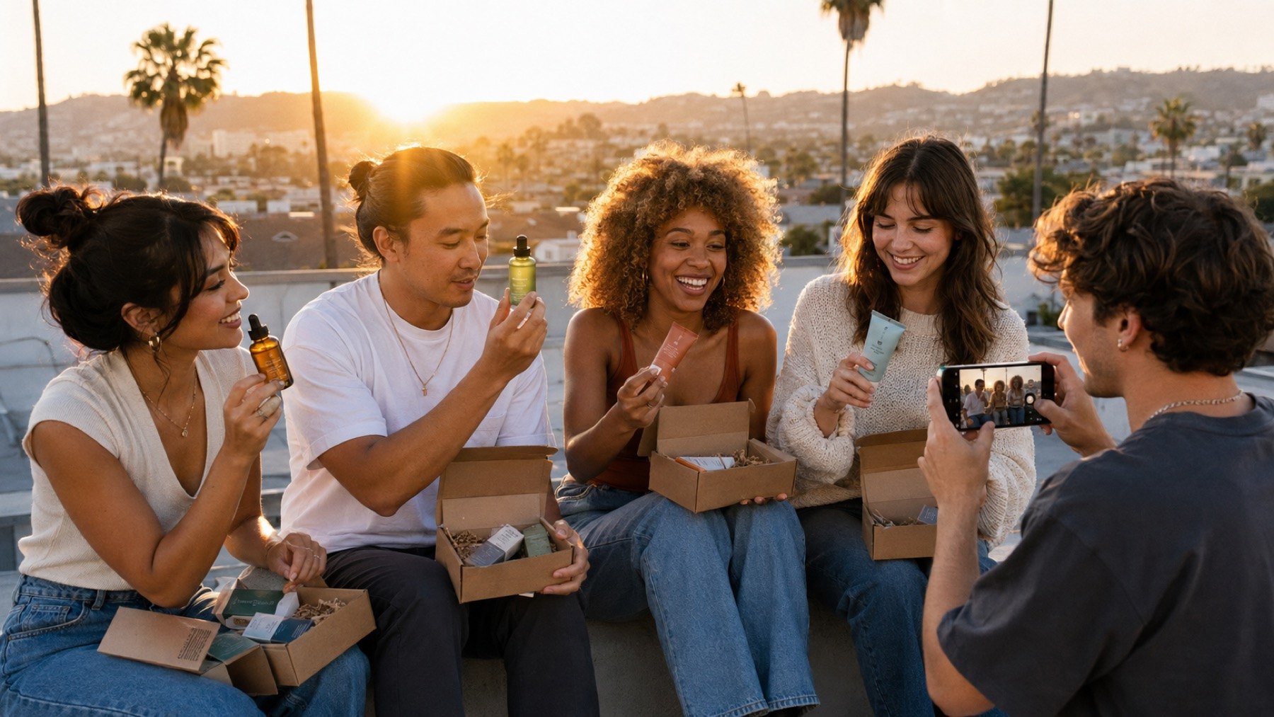 Five US beauty creators opening PR boxes together on an LA rooftop