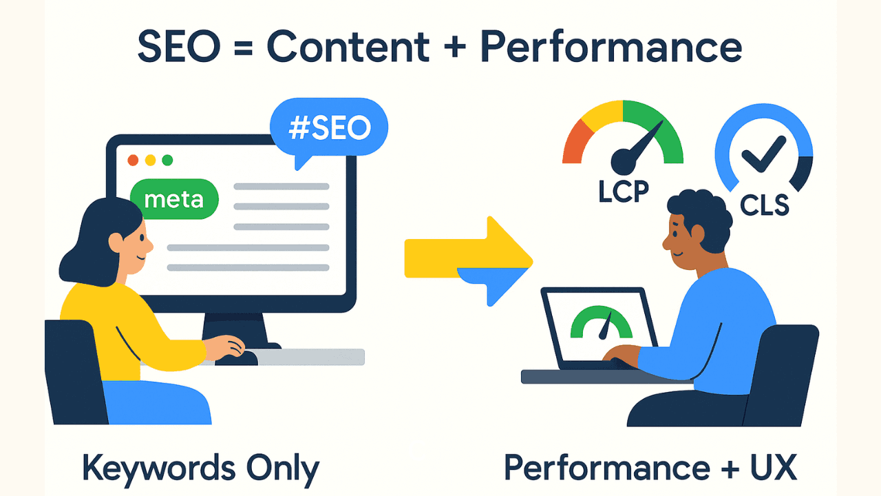 Illustration comparing keyword-focused SEO with performance-driven SEO using Core Web Vitals like LCP and CLS.