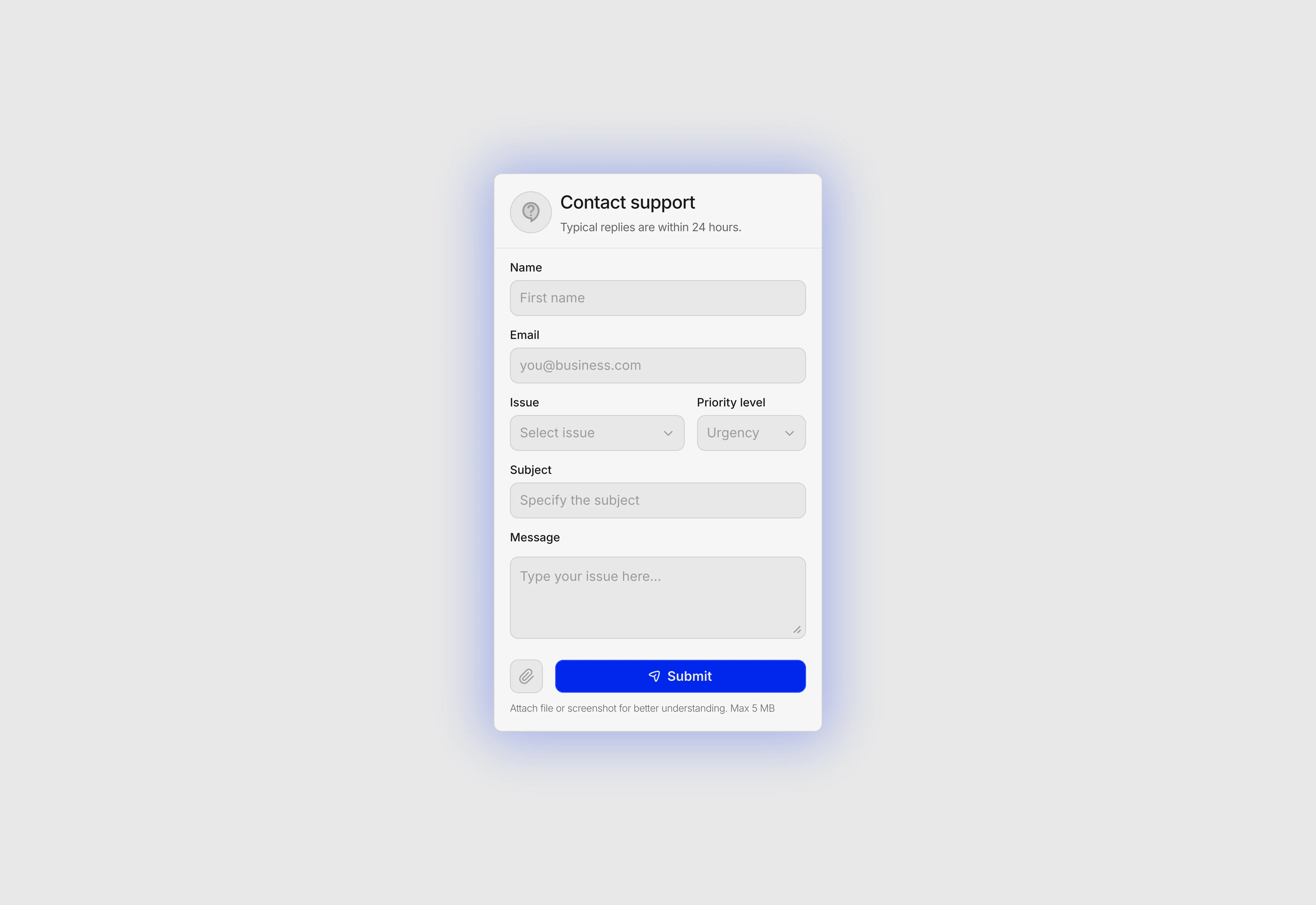 A light themed contact support form.