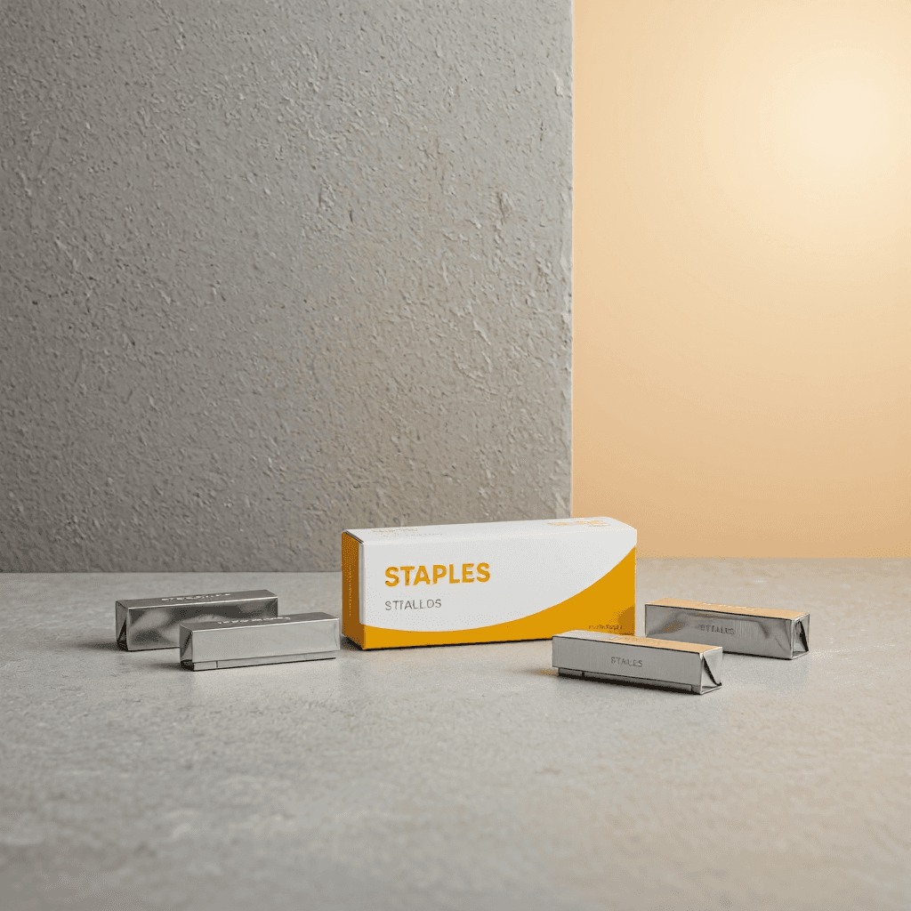 product photography of a box of staples and packs of staples