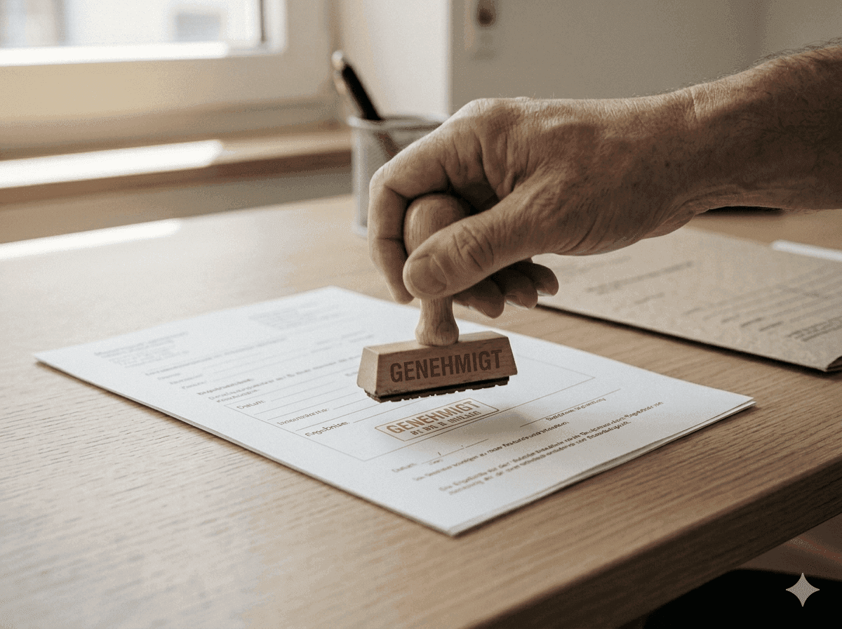 Hand eines älteren Mannes stempelt eine Krankenfahrt-Verordnung mit einem roten Genehmigt-Stempel ab.​​​​​​​​​​​​​​​​