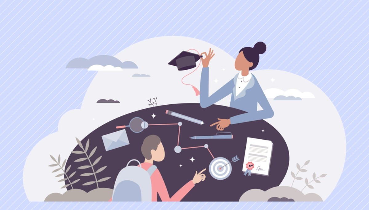 Illustration of two individuals navigating a path marked with educational and career icon.