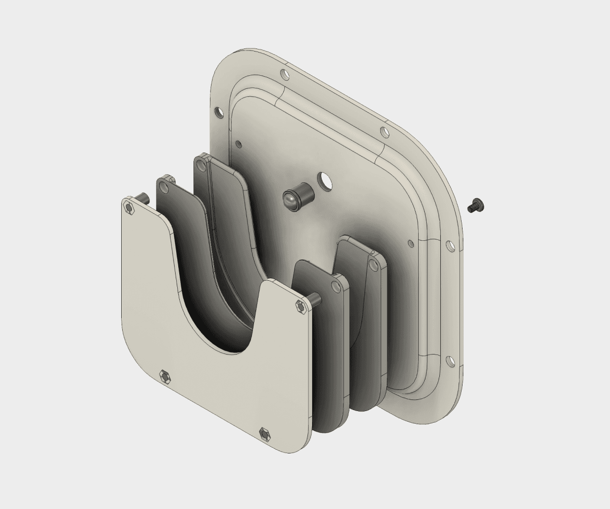 Exploded view of the mounting piece for an NFT display, revealing the internal engineering components and detailed design of the attachment mechanism.