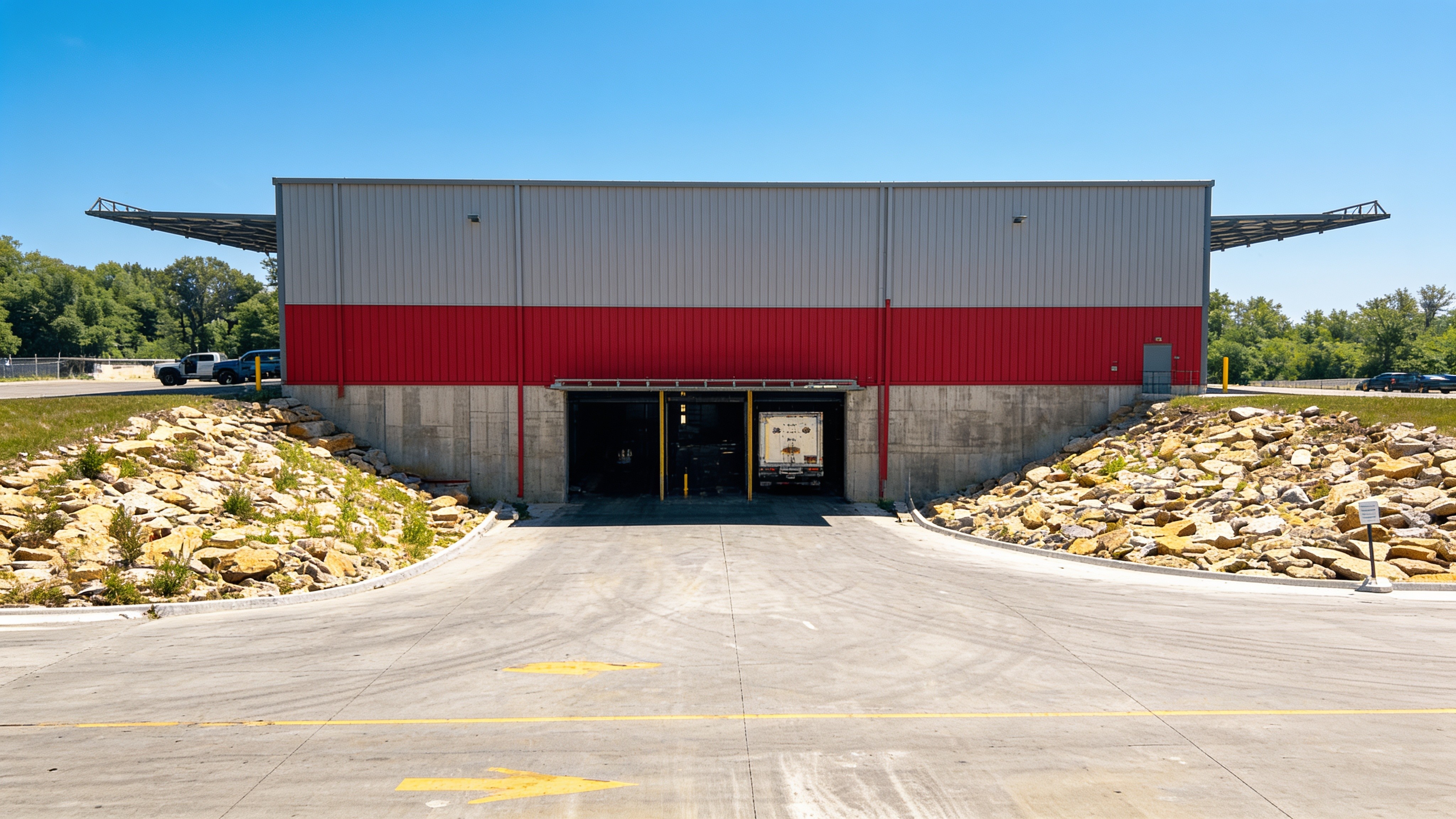 Industrial transfer station with an open 58-foot hydraulic commercial door