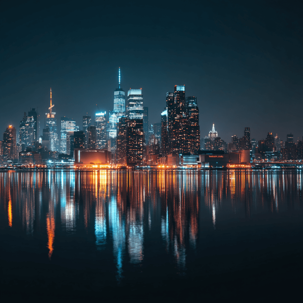 Nighttime city skyline featuring bright lights from buildings, creating a stunning urban landscape.