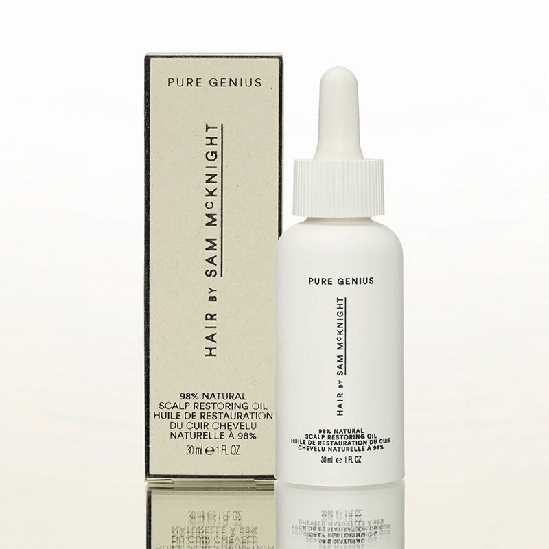 The award-winning Hair by Sam McKnight Pure Genius Scalp Oil in a 30ml VIVOMER dropper. This highlights the commercial viability of using a single home-compostable material for complex functional beauty packaging.