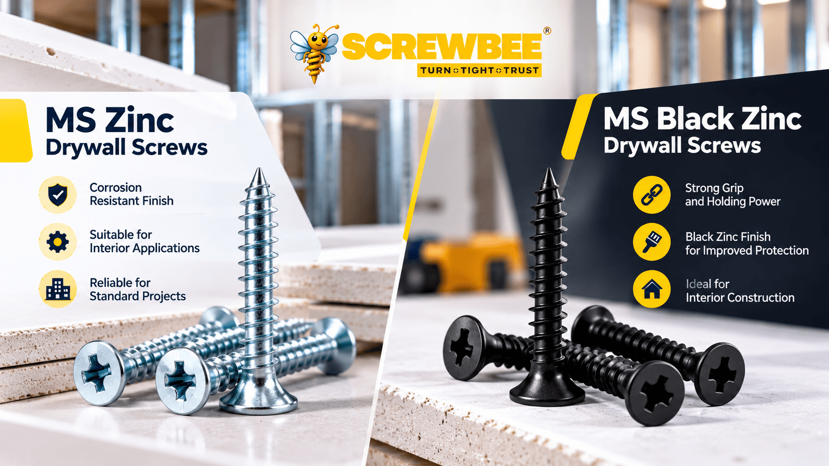 MS zinc and MS black zinc drywall screws for different project requirements