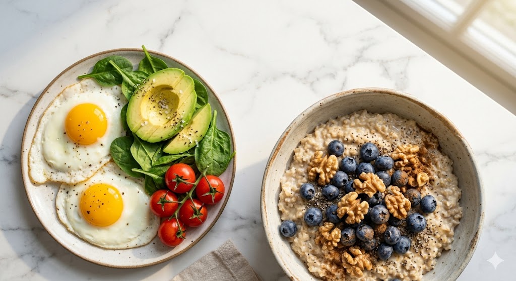 An overhead view of two distinct healthy breakfast choices: a plate with eggs, avocado, and spinach next to a bowl of oatmeal with blueberries, walnuts, and chia seeds on a marble countertop.