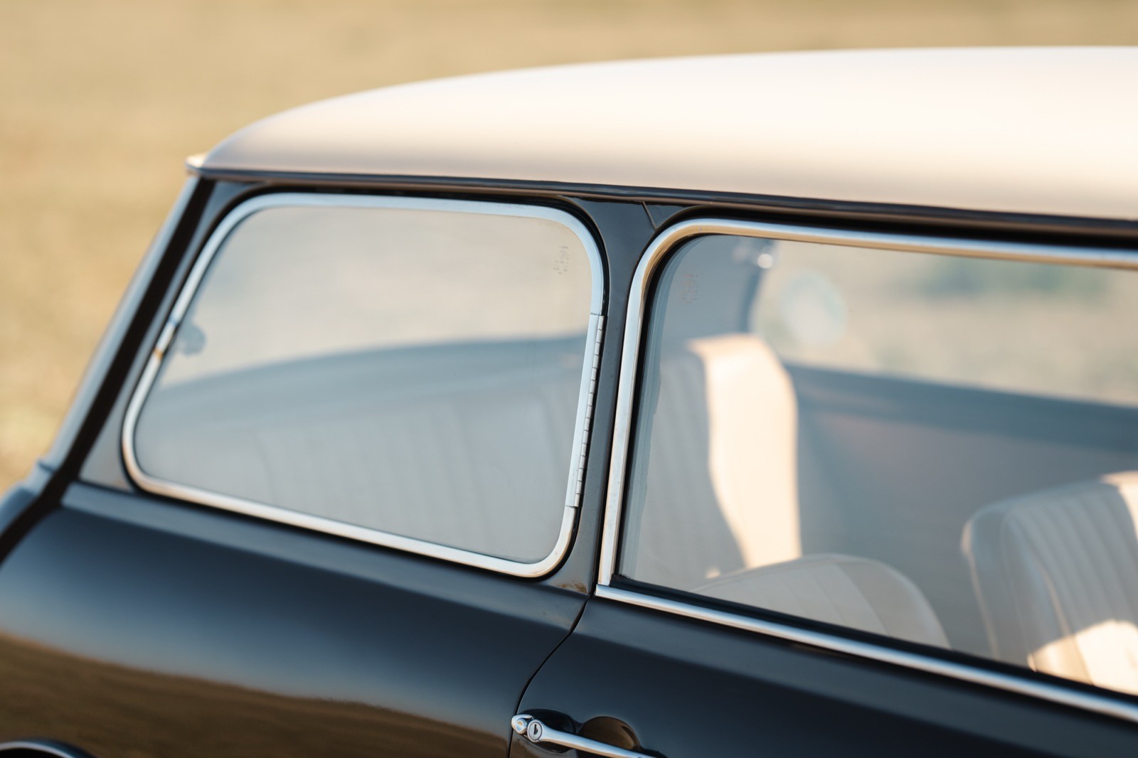 Close-up view of a car window with a beige top and black lower section, showcasing the vehicle's interior.