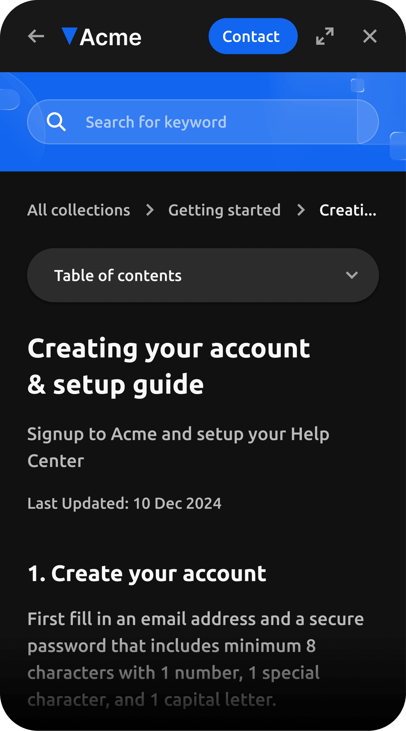 Helpview embedded help center widget displaying a help article synced from Notion in black theme.