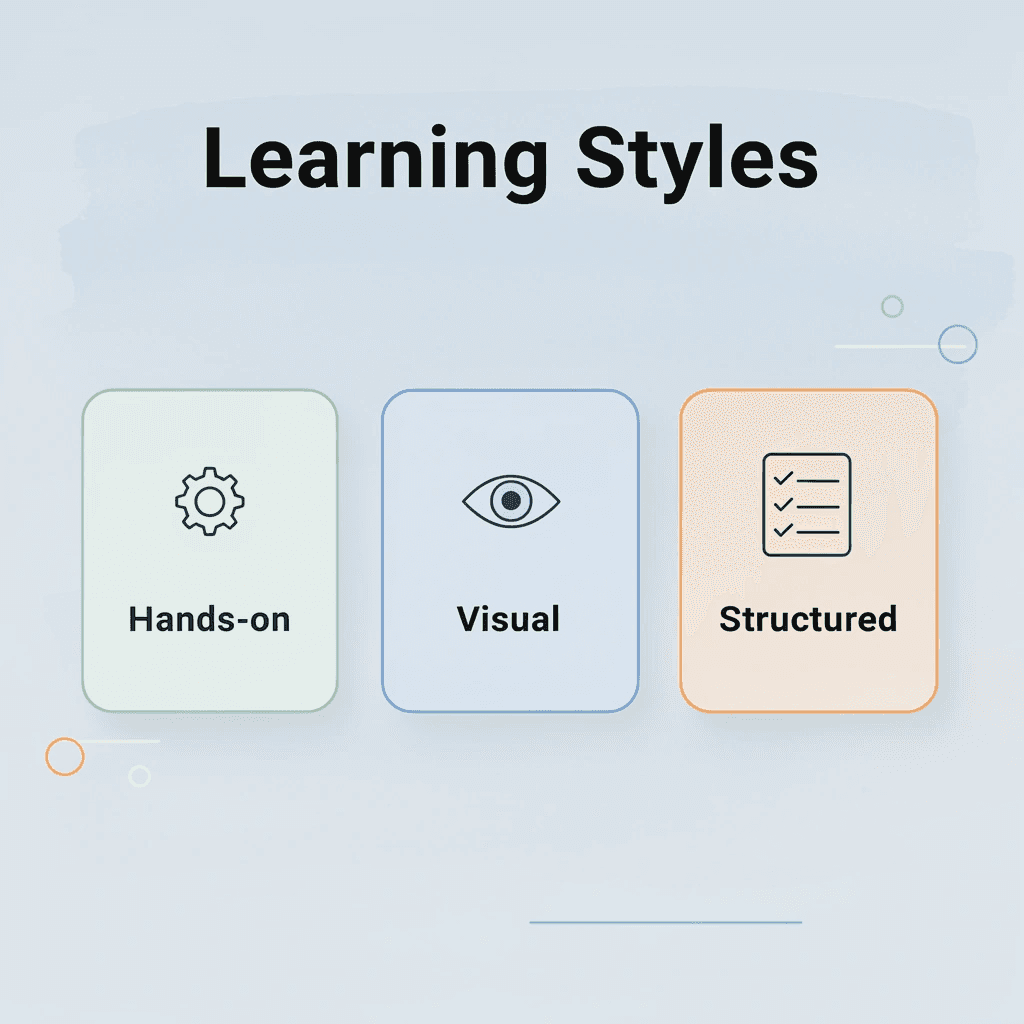Three learning styles: hands-on, visual, and structured