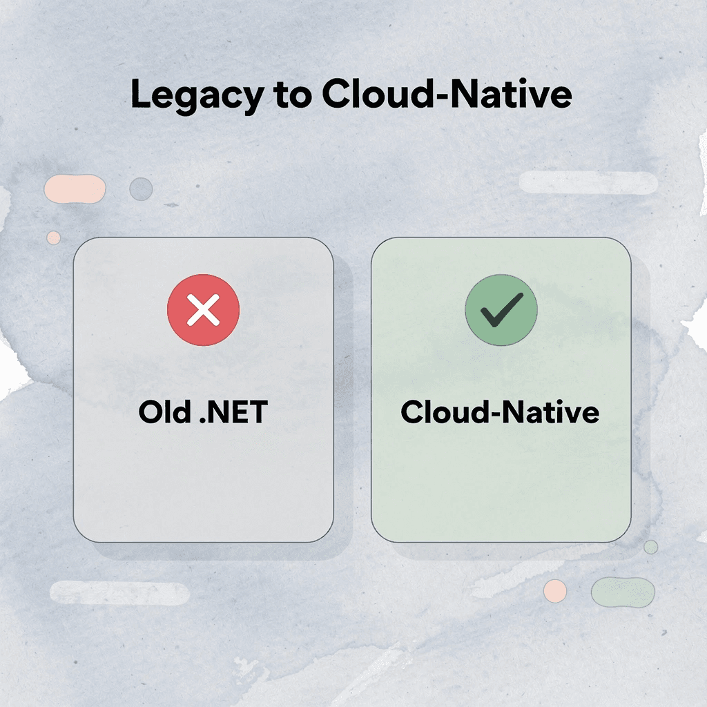 Before and after infographic comparing old .NET limits to cloud-native infrastructure