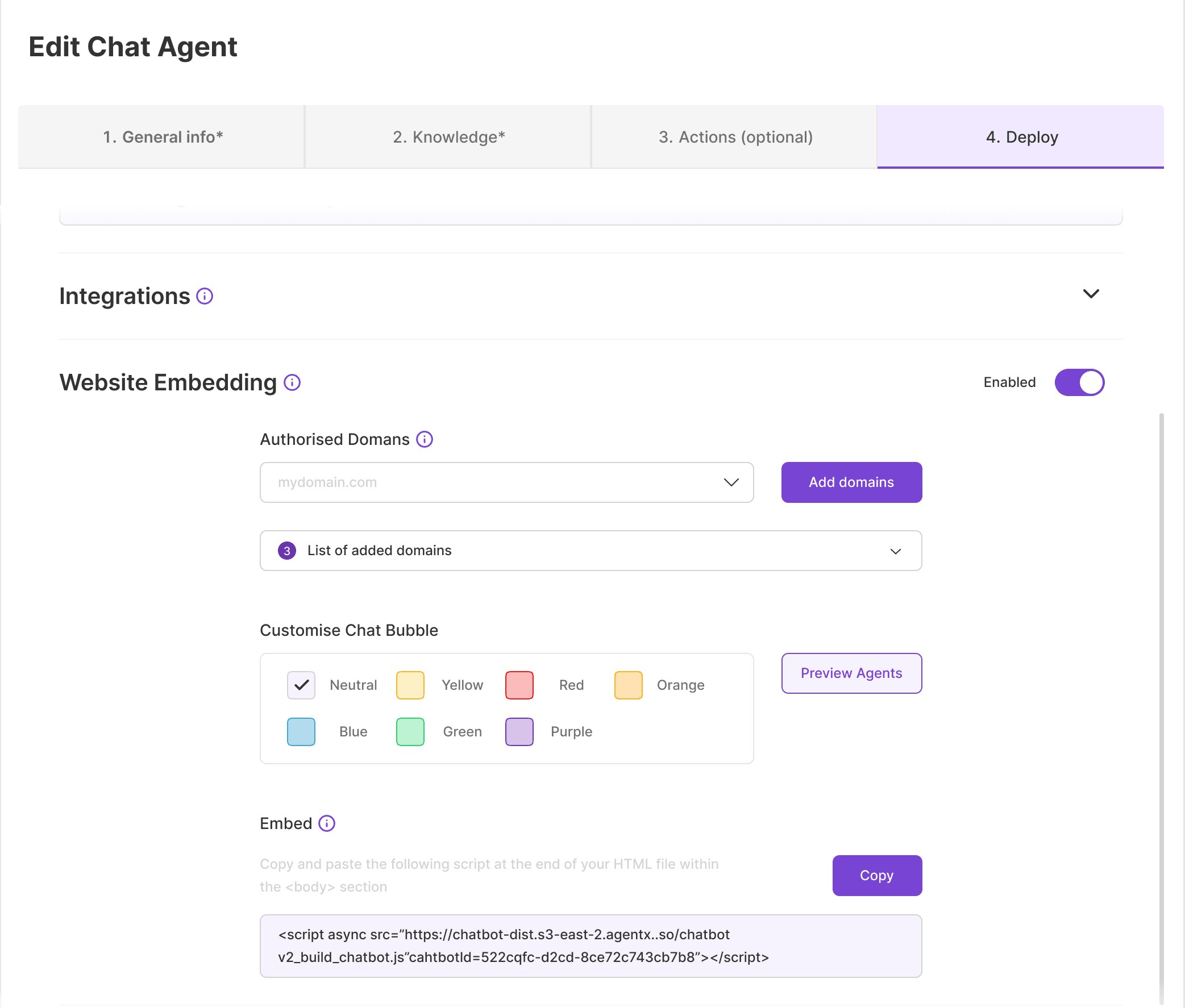 AgentX website embedding settings screenshot.