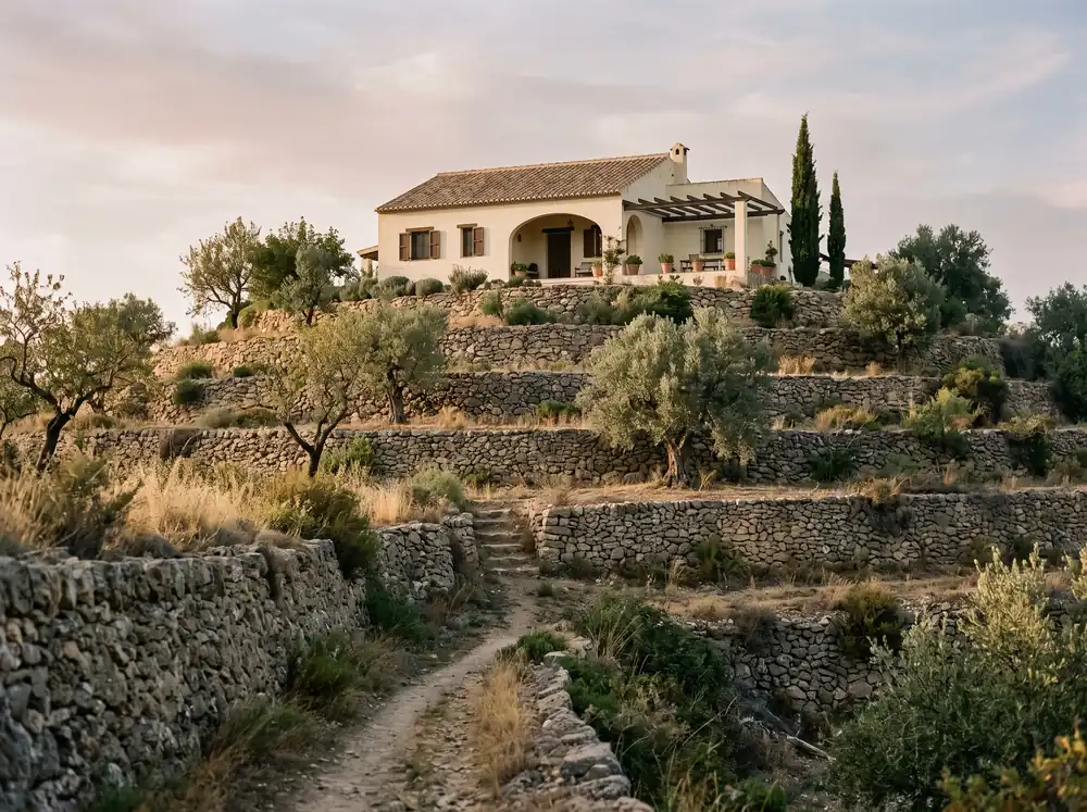 Villa op terrassen met olijfbomen en een stenen pad