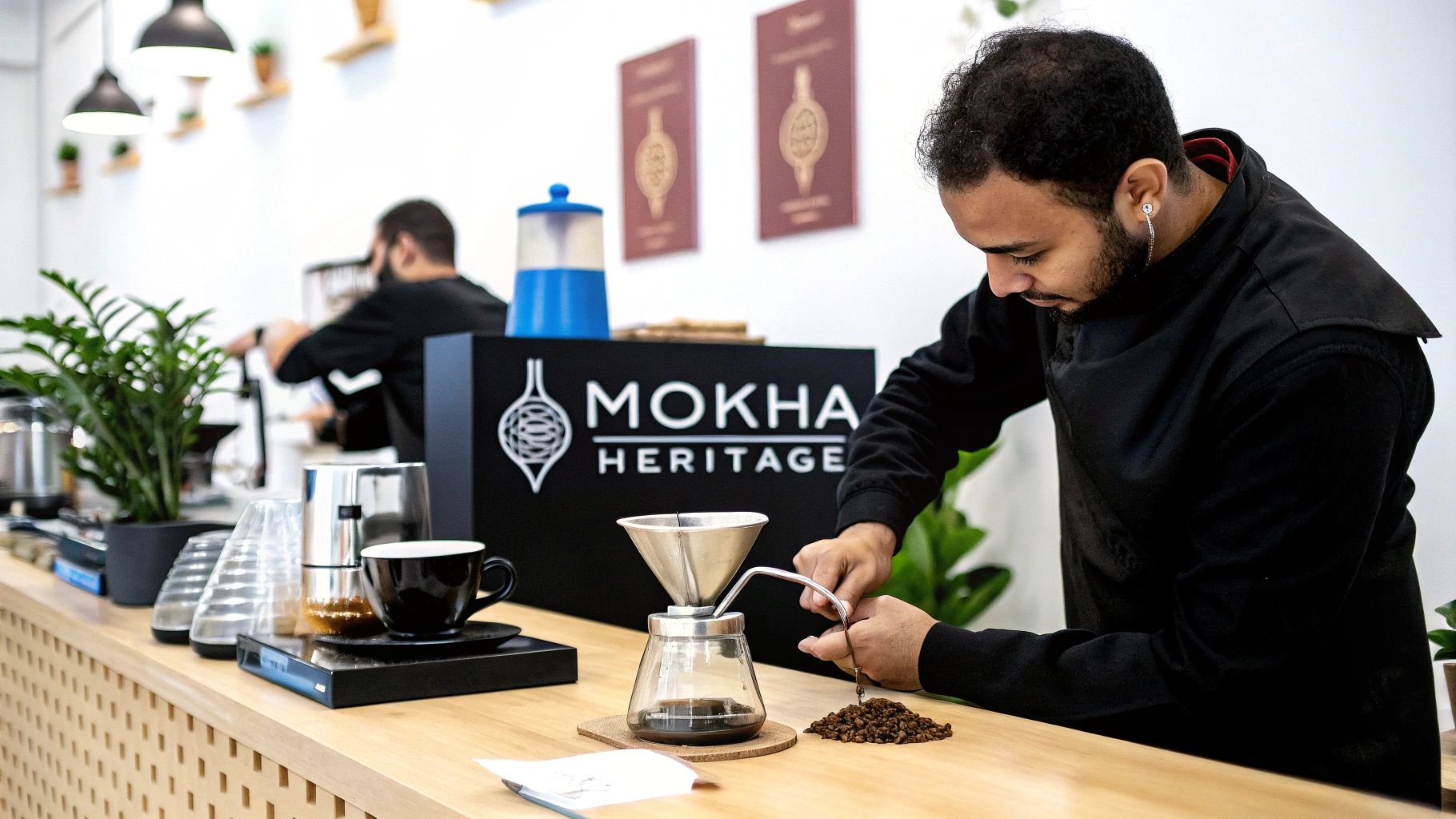 A man in a black apron meticulously prepares pour-over coffee at a cafe counter.