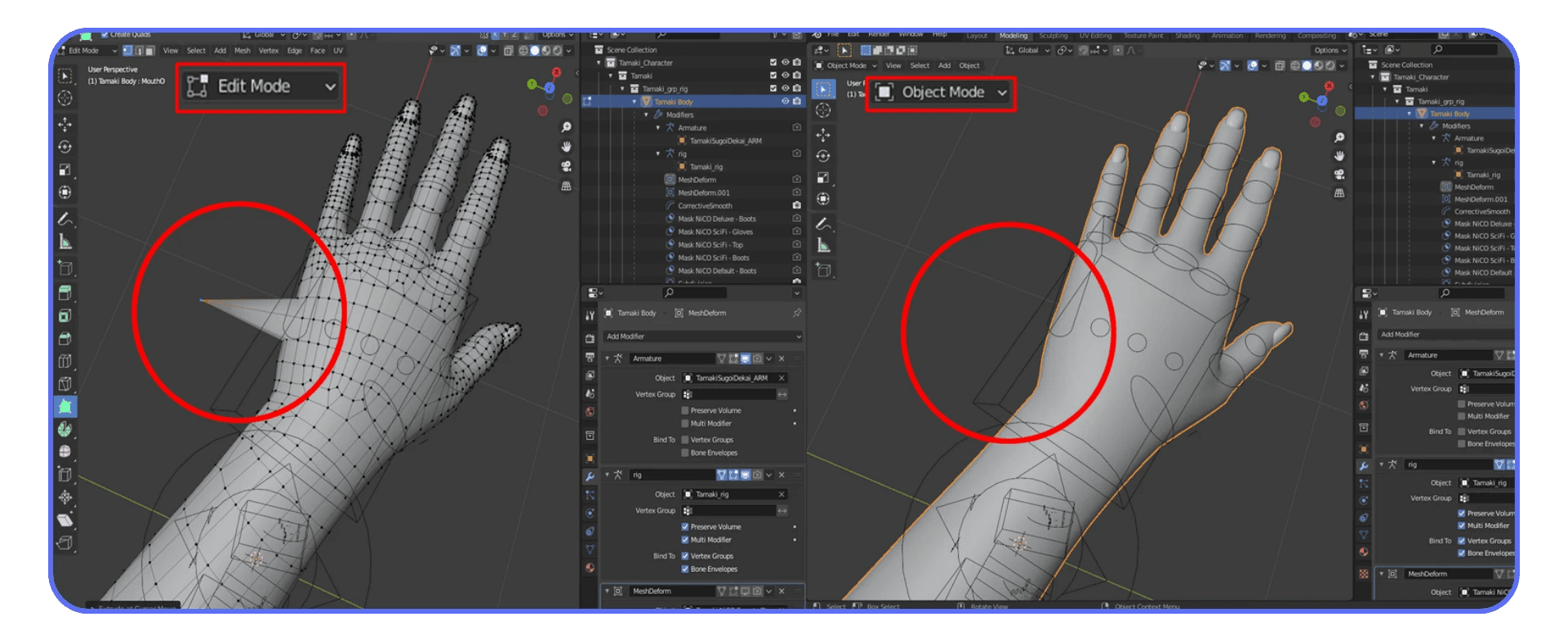 Side-by-side Blender view comparing Edit Mode and Object Mode on a 3D hand model, with red circles marking geometry errors or mesh issues.