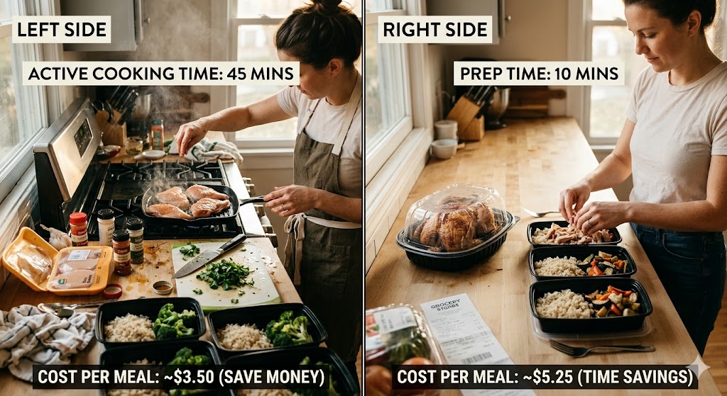 A split-screen photograph in a home kitchen comparing two chicken meal prep methods. The left panel, labeled "ACTIVE COOKING TIME: 45 MINS" and "COST PER MEAL: ~$3.50 (SAVE MONEY)", shows a person in an apron actively seasoning and cooking multiple chicken breasts on a stovetop grill, surrounded by spices, a cutting board, and prep containers on a busy wooden counter. The right panel, labeled "PREP TIME: 10 MINS" and "COST PER MEAL: ~$5.25 (TIME SAVINGS)", shows the same person quickly hand-shredding a store-bought whole rotisserie chicken directly into meal prep containers with rice and vegetables on a clean counter.
