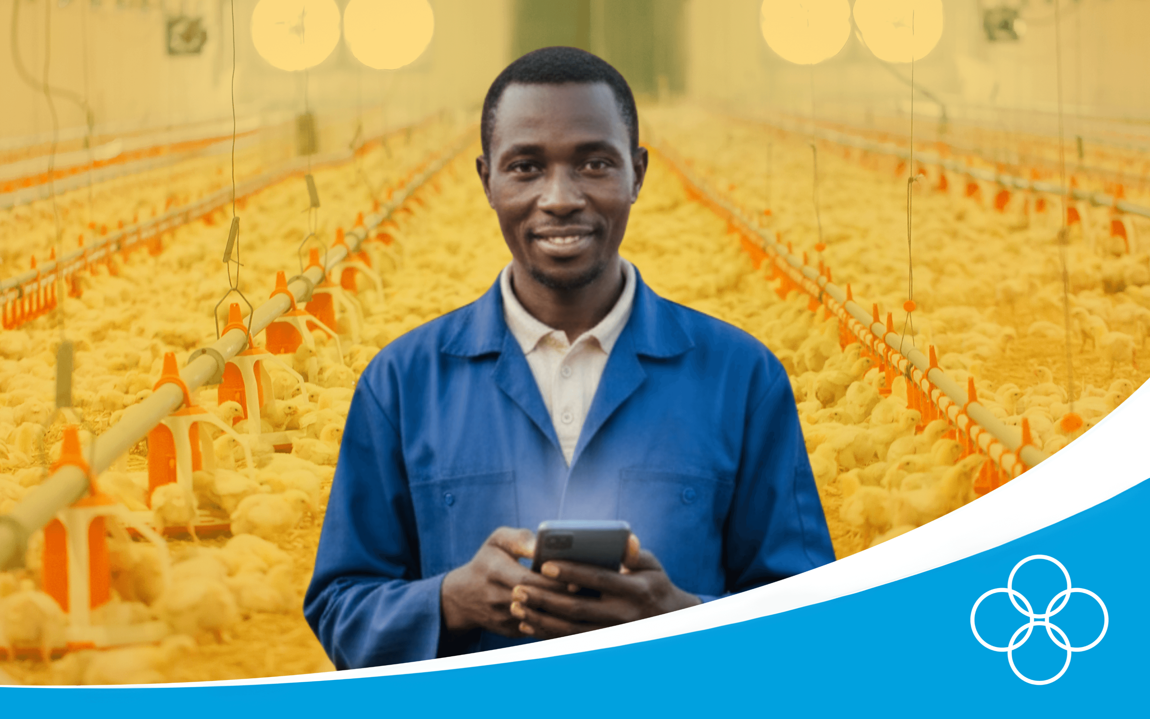 Poultry farmer in a blue overall with a phone in his hand with 123POULTRY app on his screen