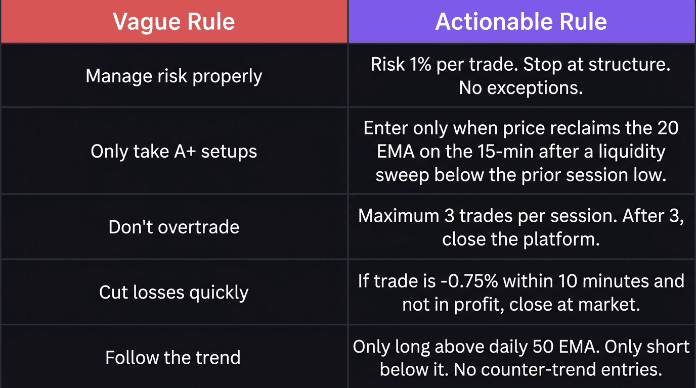 Comparison table showing vague trading rules versus specific actionable trading rules