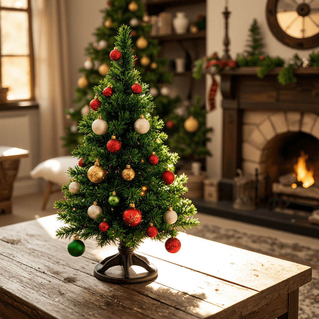 product photography of a small decorative Christmas tree with ornaments