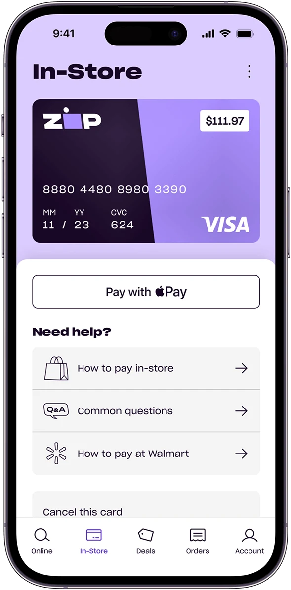 Lila App-Oberfläche mit einer Visa-Karte und 111,97 $ Guthaben, Optionen zur Hilfe beim Bezahlen im Laden und einem Navigationsmenü.