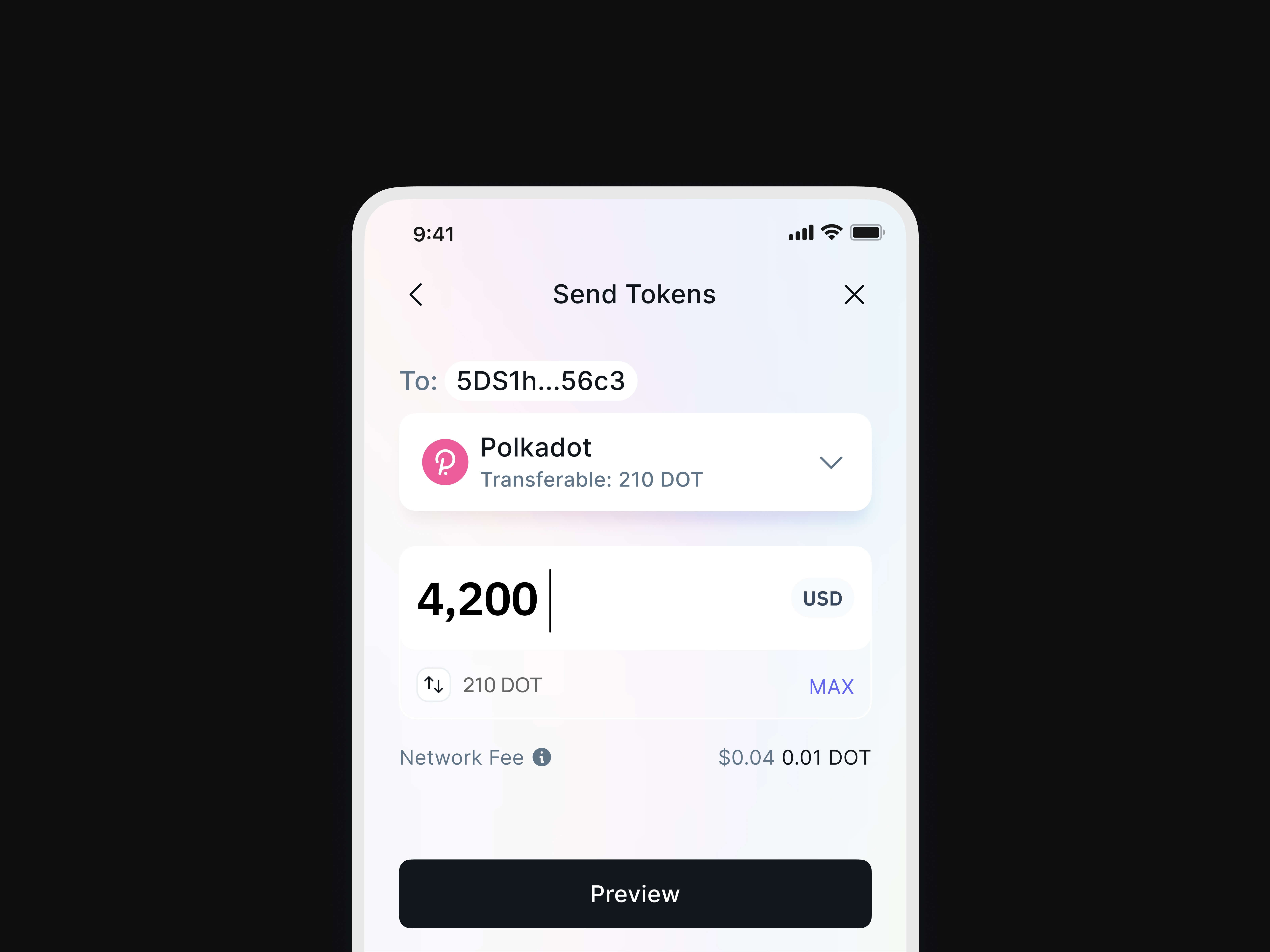 Laguna Wallet mobile UI showing Polkadot token transfer input with recipient address, transfer amount, and network fee details