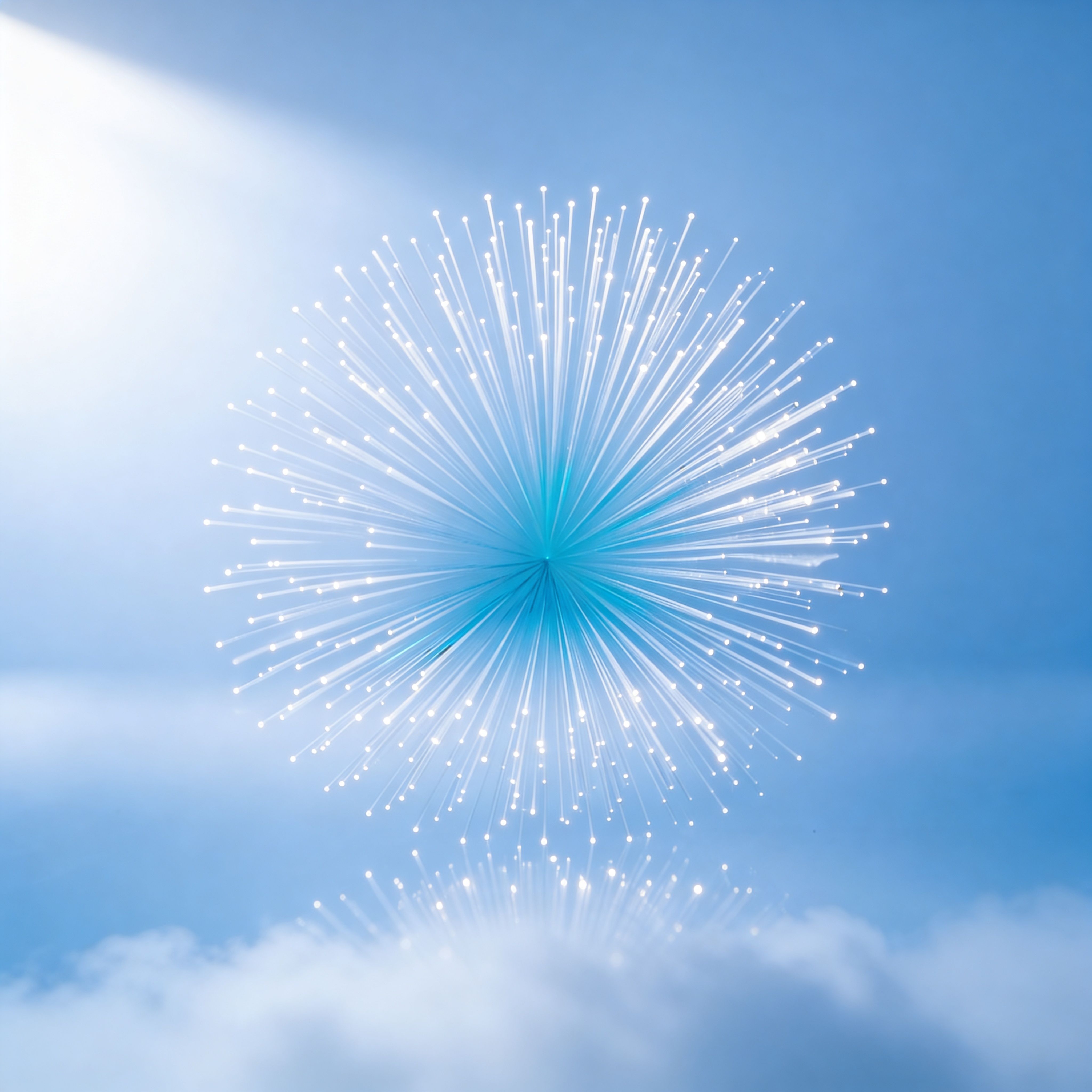 Glowing fiber optic light burst radiating blue and white strands against soft sky background