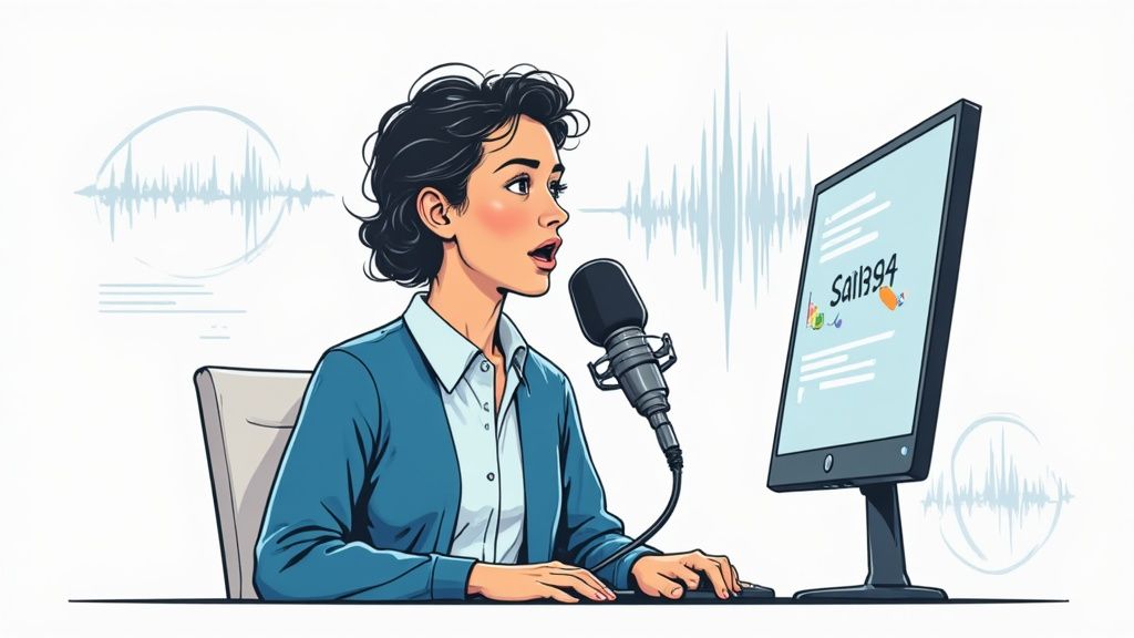 A close-up shot of a modern microphone on a desk next to a laptop displaying MurmurType's interface.