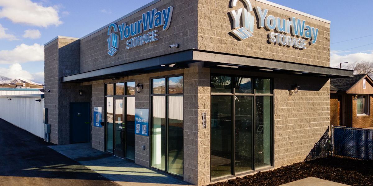 The image shows the exterior of YourWay Storage facility in Pocatello, featuring a clean, secure, and accessible storage location.